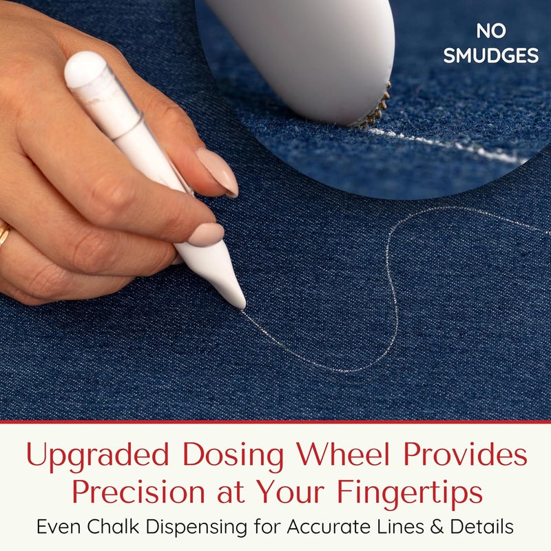 Sewphee Fabric Markers for Sewing – Ergonomic Tailors Chalk Pen with Improved Dosing Wheel for Sharp Lines - Washable Sewing Chalk Marking Pens that are Compatible with Most Fabrics - White and White 2 Pack - Image 3